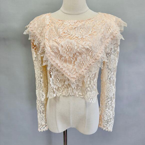 Vintage Tops - Vintage 80s peach lace crop top triangle puritan collar raw cut hem Size 12